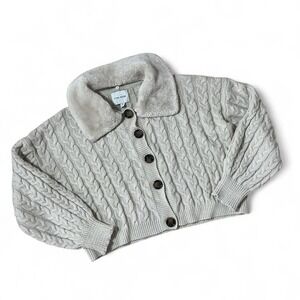 PINK ROSE Cable Knit Faux Fur Collar Cardigan Sweater Cream Beige Penny Lane